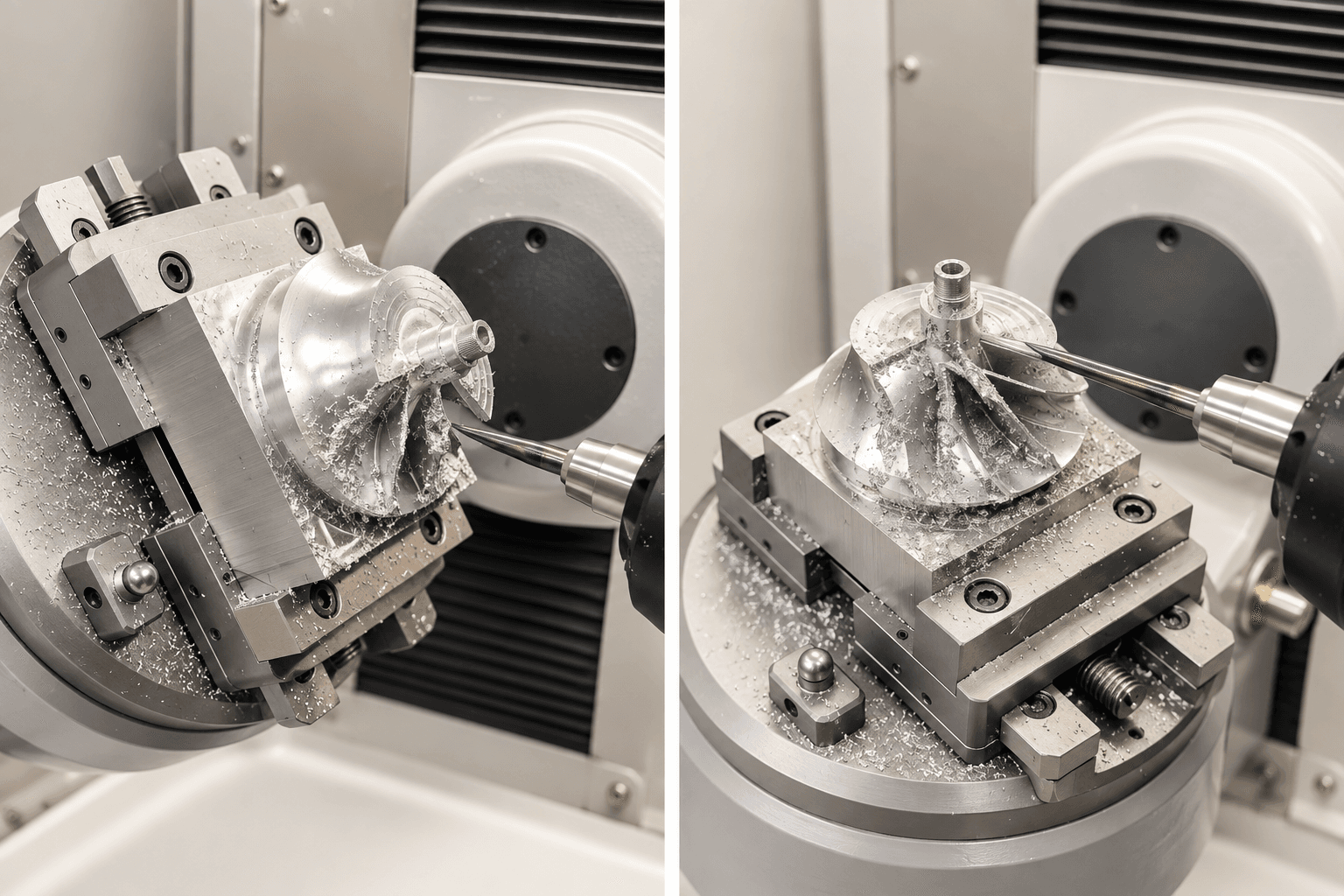 Complex impeller-type component shown during multi-axis machining