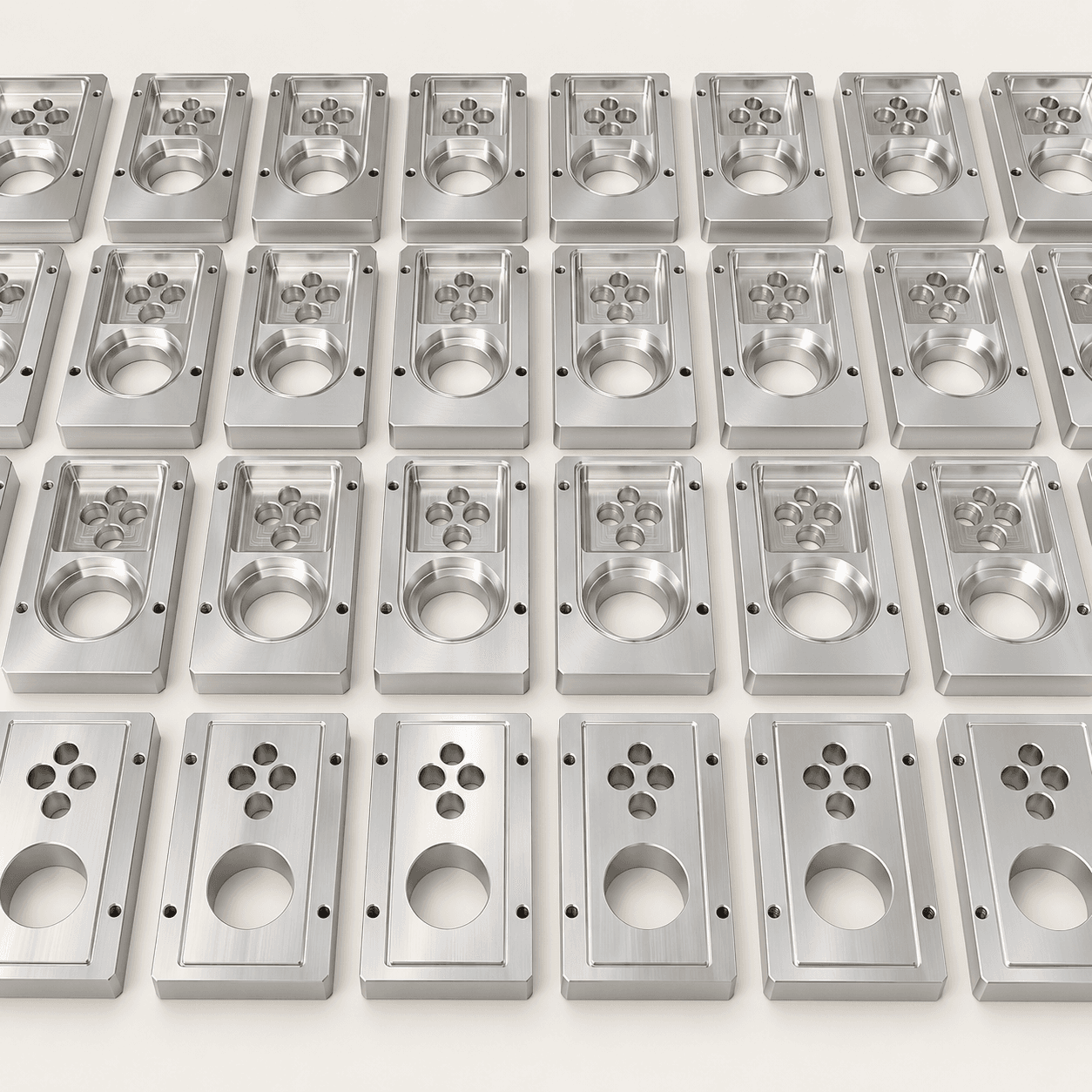 Batch of precision CNC milled aluminum components with machined pockets and bores