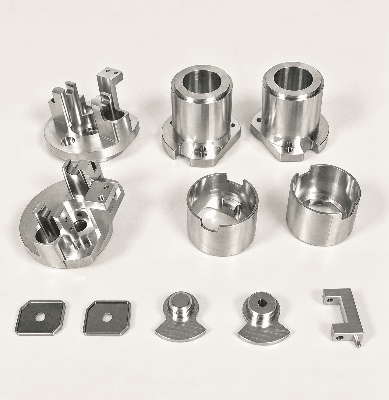 Group of machined components with pockets, bores and varied external profiles