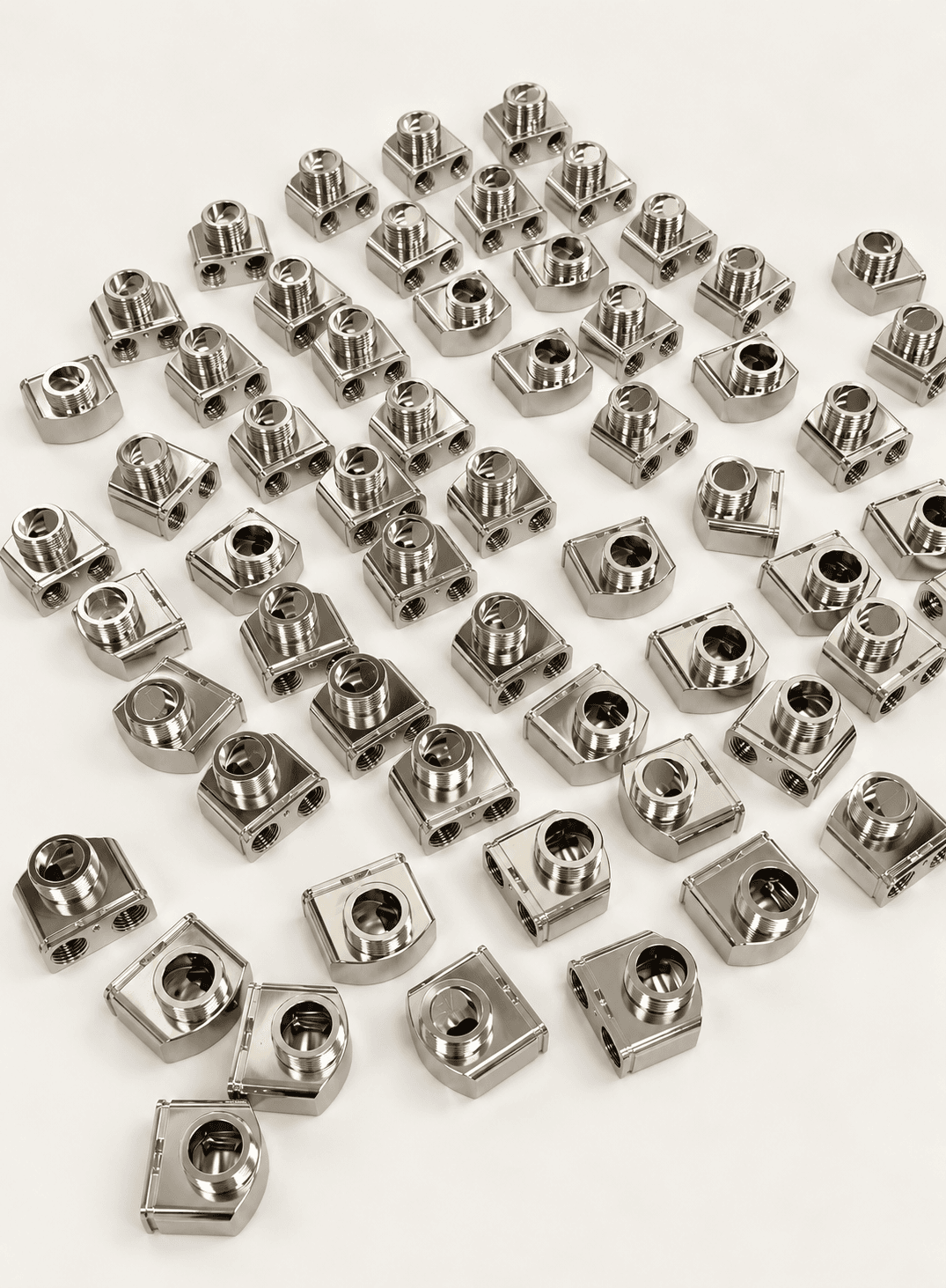 Multi-feature precision machined metal fittings with threaded and side features
